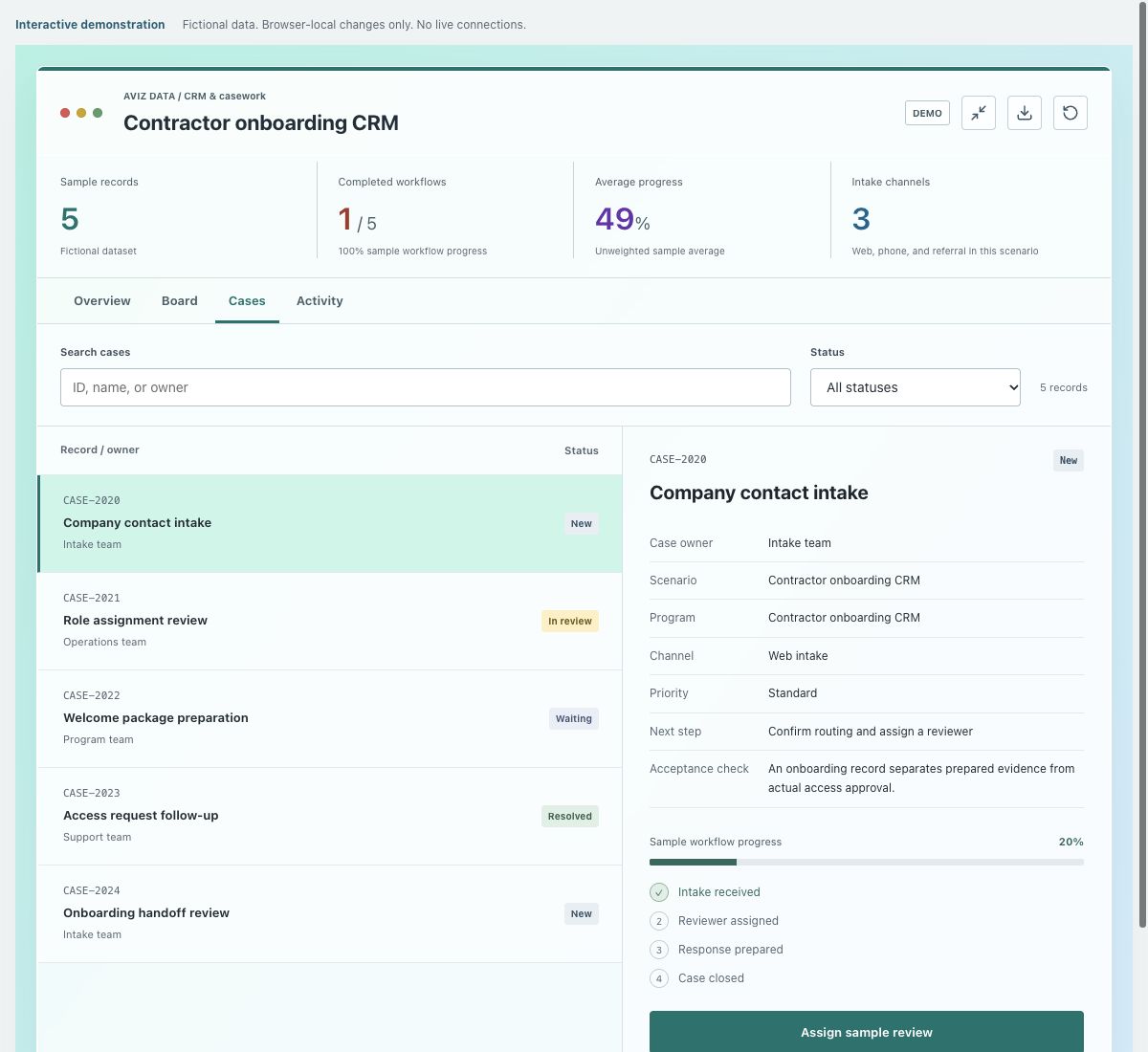Screenshot of the fictional contractor onboarding crm demonstration