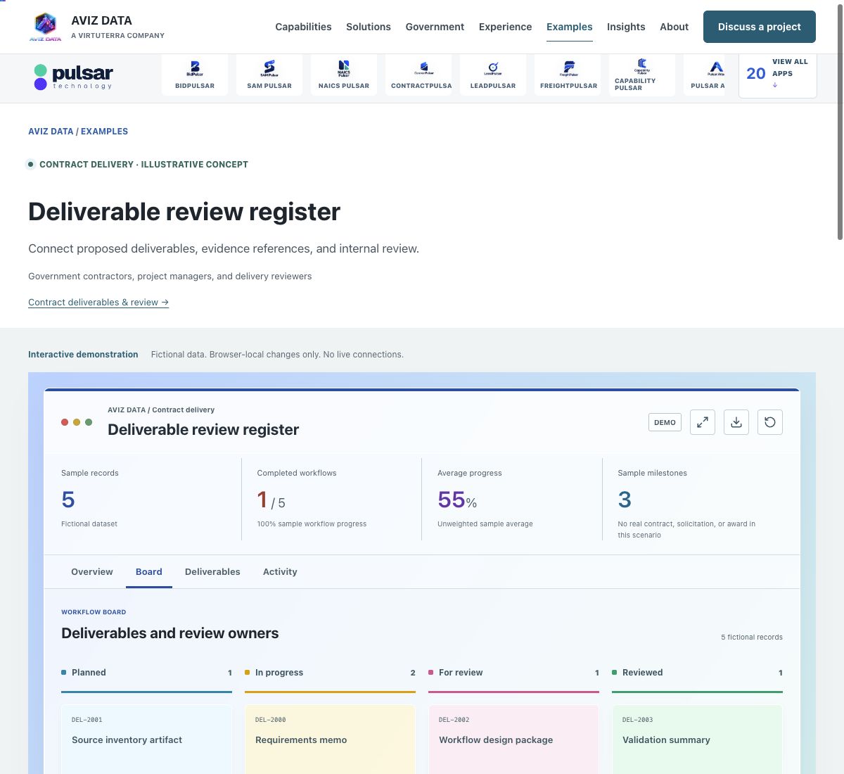 Screenshot of the fictional deliverable review register demonstration