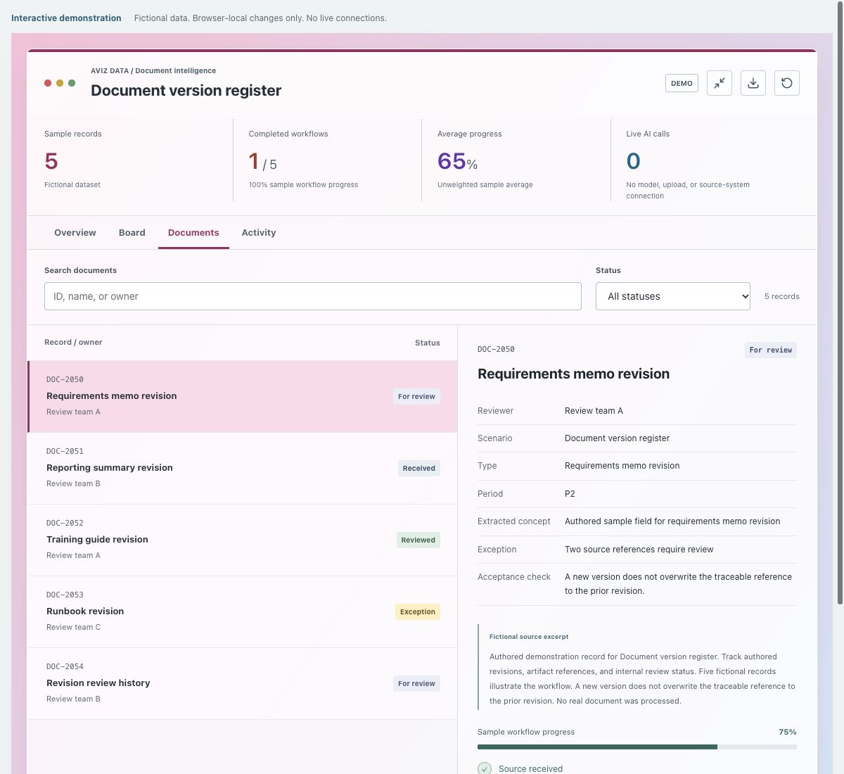 Screenshot of the fictional document version register demonstration