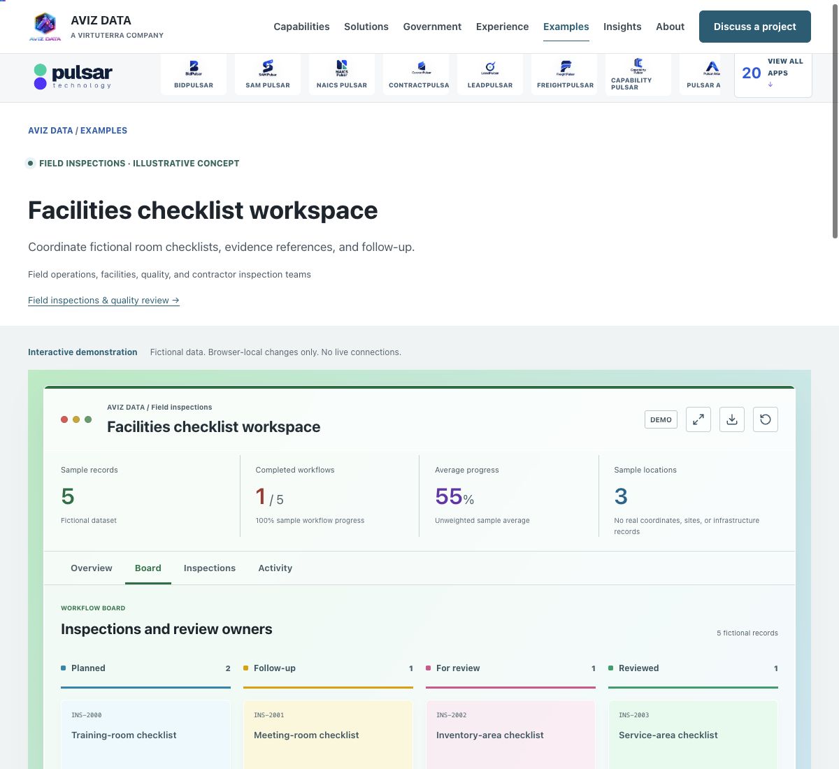Screenshot of the fictional facilities checklist workspace demonstration