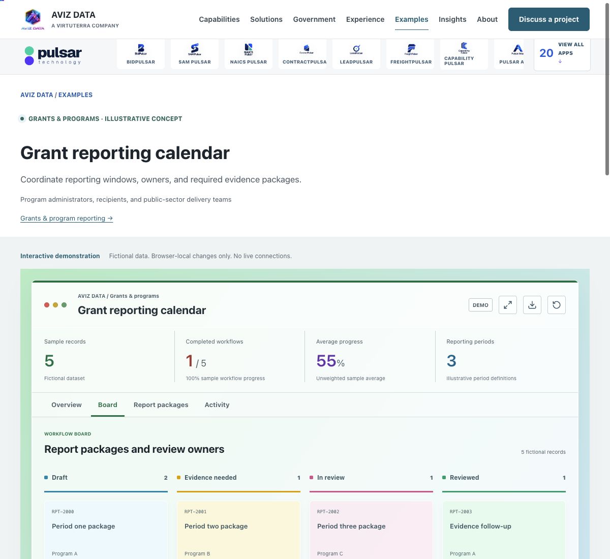 Screenshot of the fictional grant reporting calendar demonstration