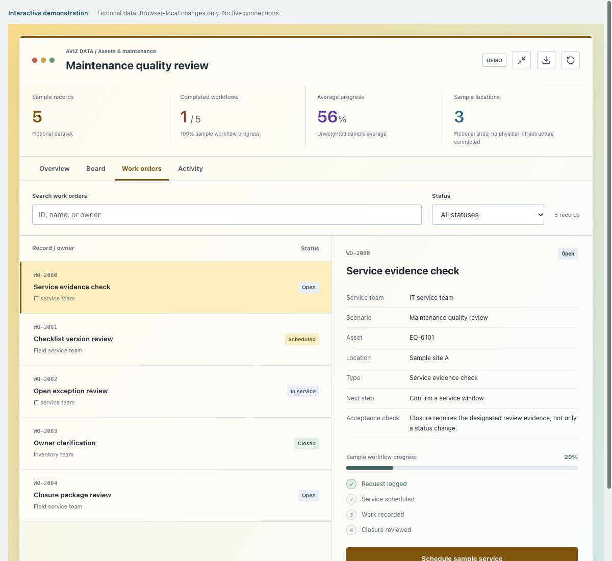Screenshot of the fictional maintenance quality review demonstration